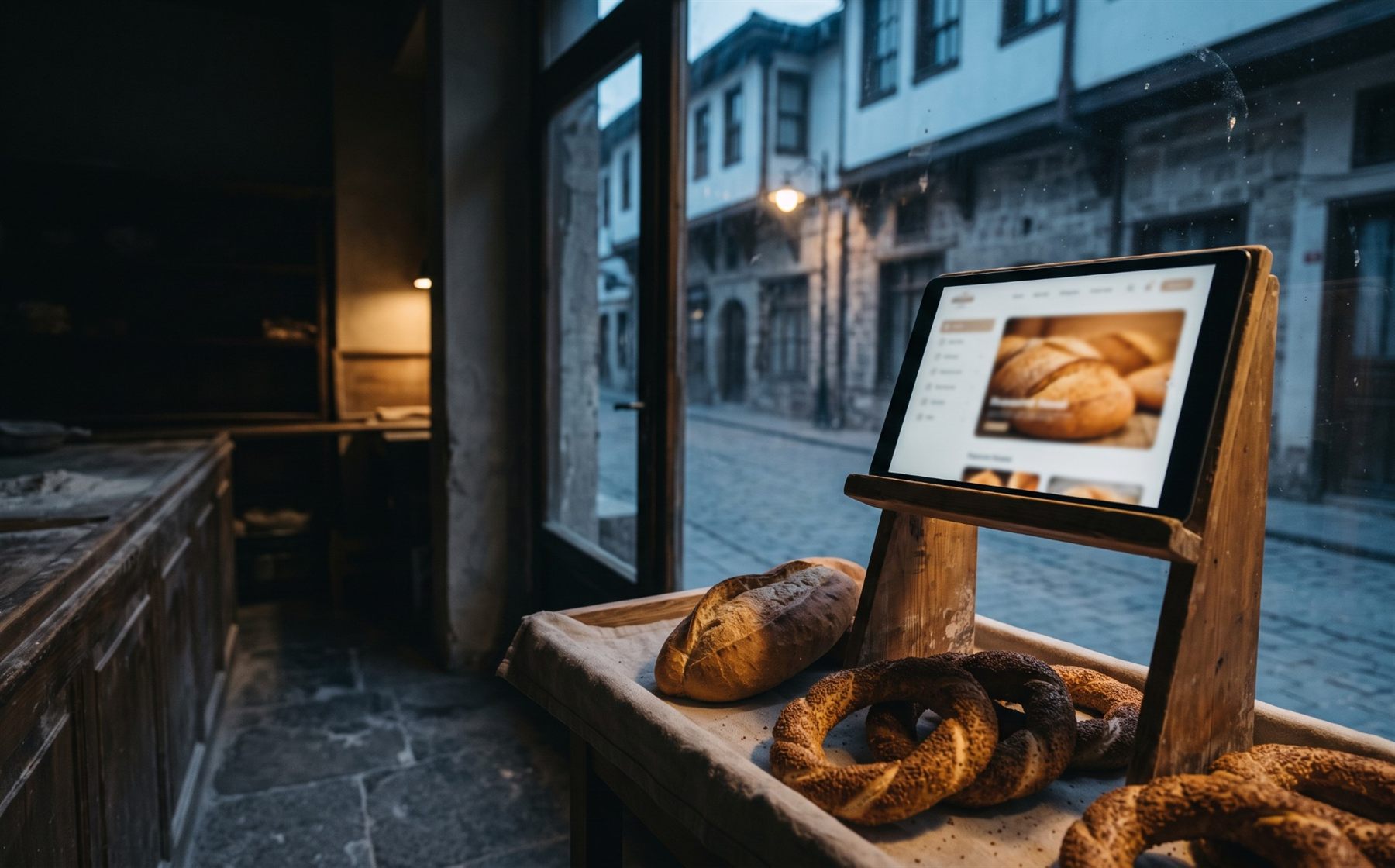 Şafakta fırın vitrininde ahşap standa konmuş tablet; ekranda ekmek fotoğraflı bulanık site, önünde ekmek ve simitler