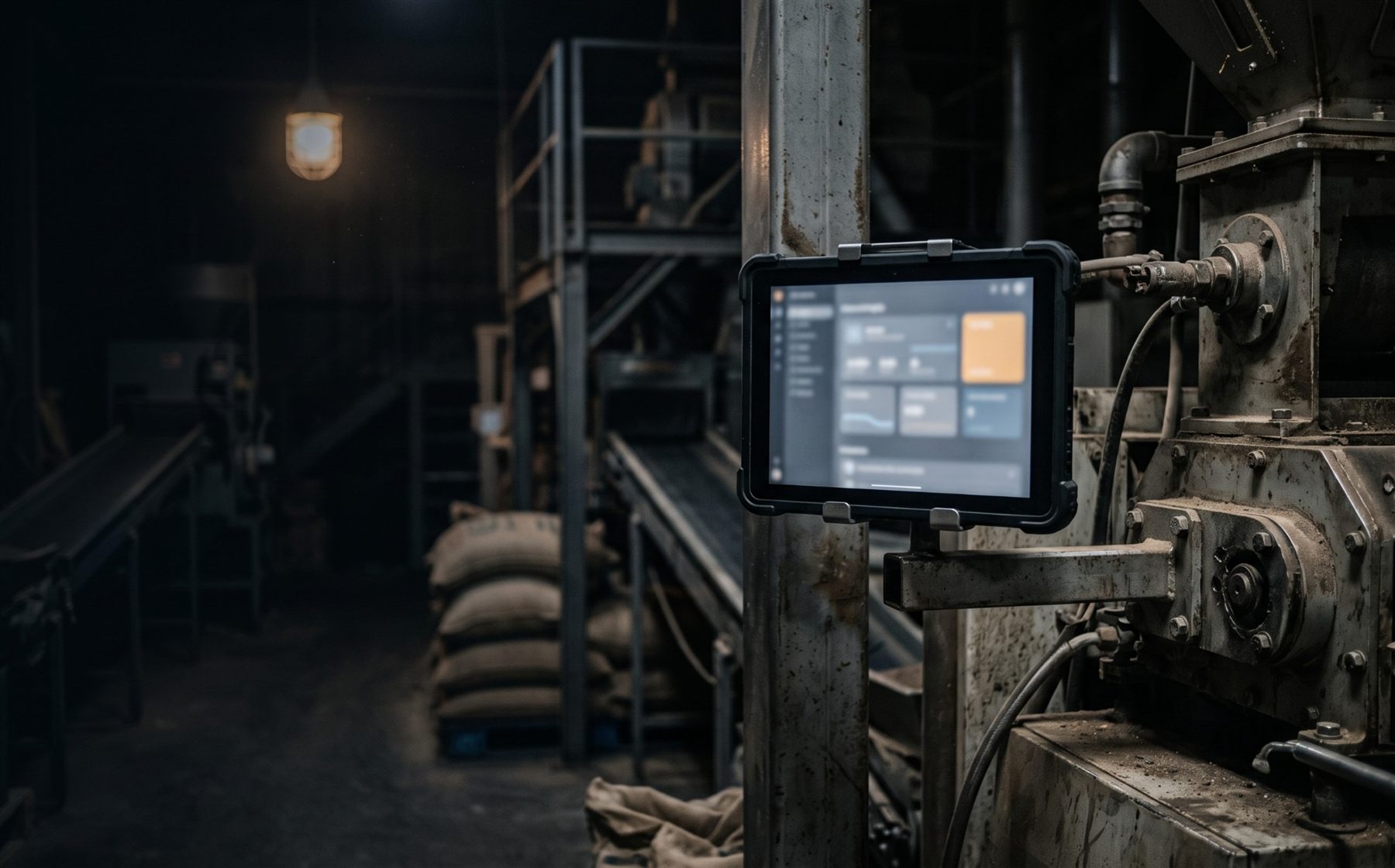 Loş bir tohum işleme fabrikasında makineye monte tablet; ekranda bulanık izleme paneli, arkada bantlar ve çuvallar
