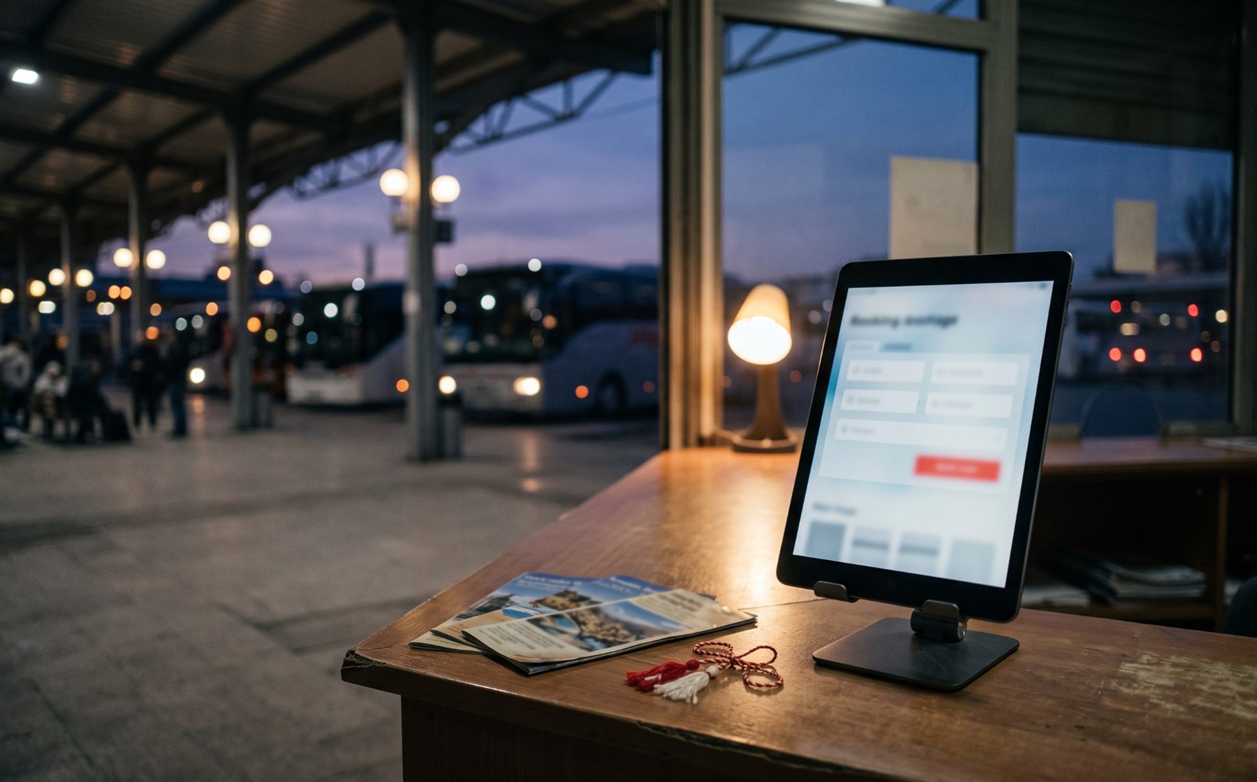 Akşam otogarda seyahat acentesi tezgâhında tablet; ekranda bulanık rezervasyon sayfası, yanında broşürler ve marteniçka ipi